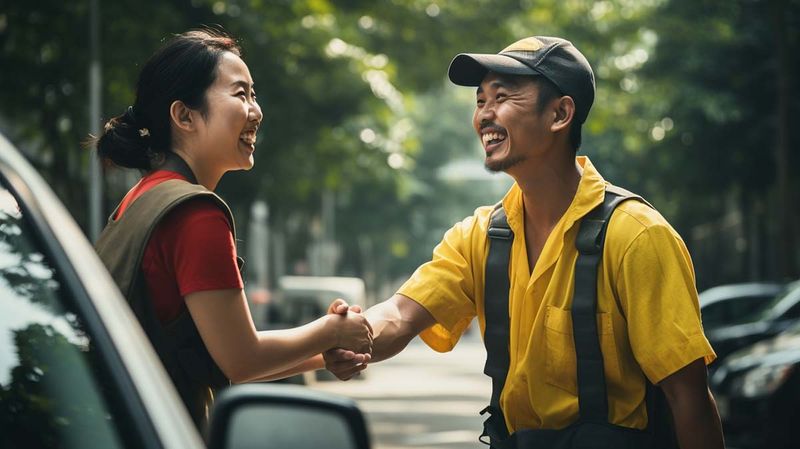 A happy woman shaking a YellowRanger representative after a successful roadside assistance.